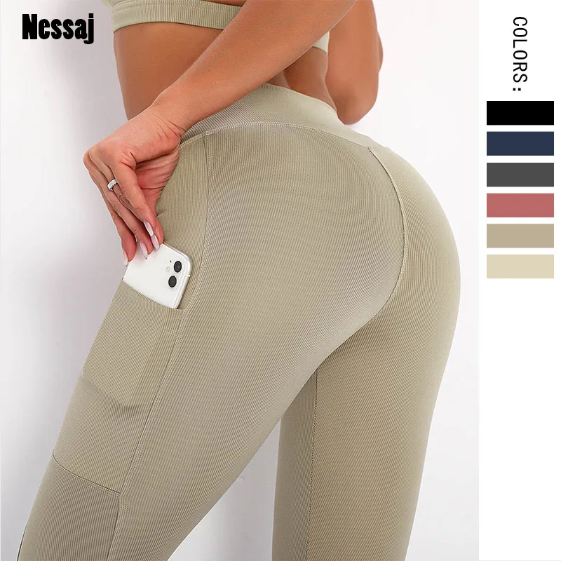 

Nessaj Sexy women's Clothing High Waist Sports Pants With Pocket Leggings For Fitness Girls Workout Solid Gym Leggings Trousers