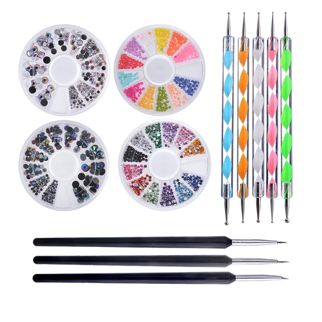 Biutee 12pcs Pro Nail Art Set Kit 4 wheels Multicolor bright nails wooden decoration Nail Art brushes pointed punches Kit tools