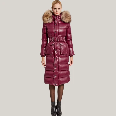 Wine red X-long, уплотненный пуховик, женский,, тонкий, черный, зимний, теплый, большой меховой воротник, высокое качество, 90%, белый, утиный пух, пальто, парка для женщин - Цвет: Wine red