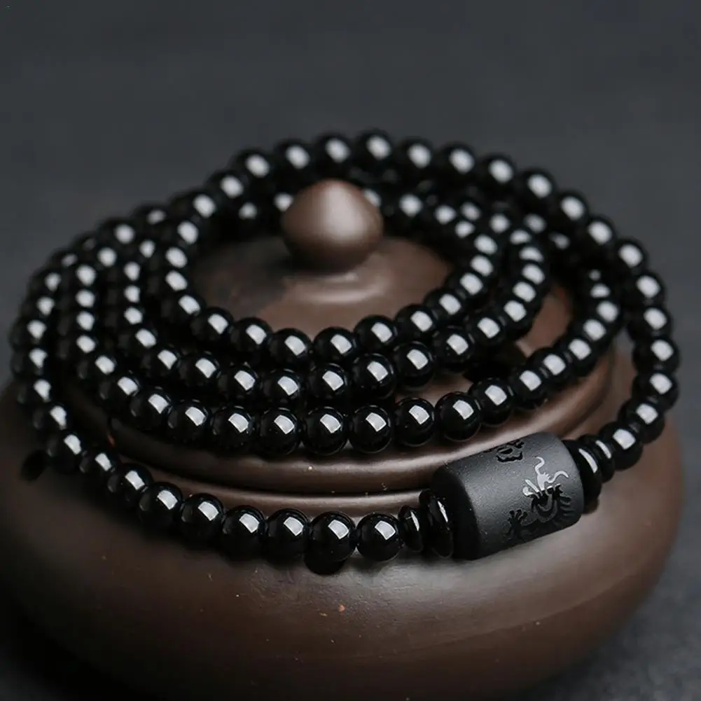 

New Natural Black Obsidian Bead Dragon Phoenix Strand Bracelet For Men Women Couples Lovers Totem Buddha Lucky Amulet Jewelry