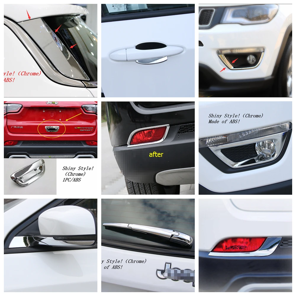 

Chrome Exterior Refit Kit Front / Rear Fog Lights / Window Spoiler / Wiper / Door Bowl Cover Trim For Jeep Compass 2017 - 2020