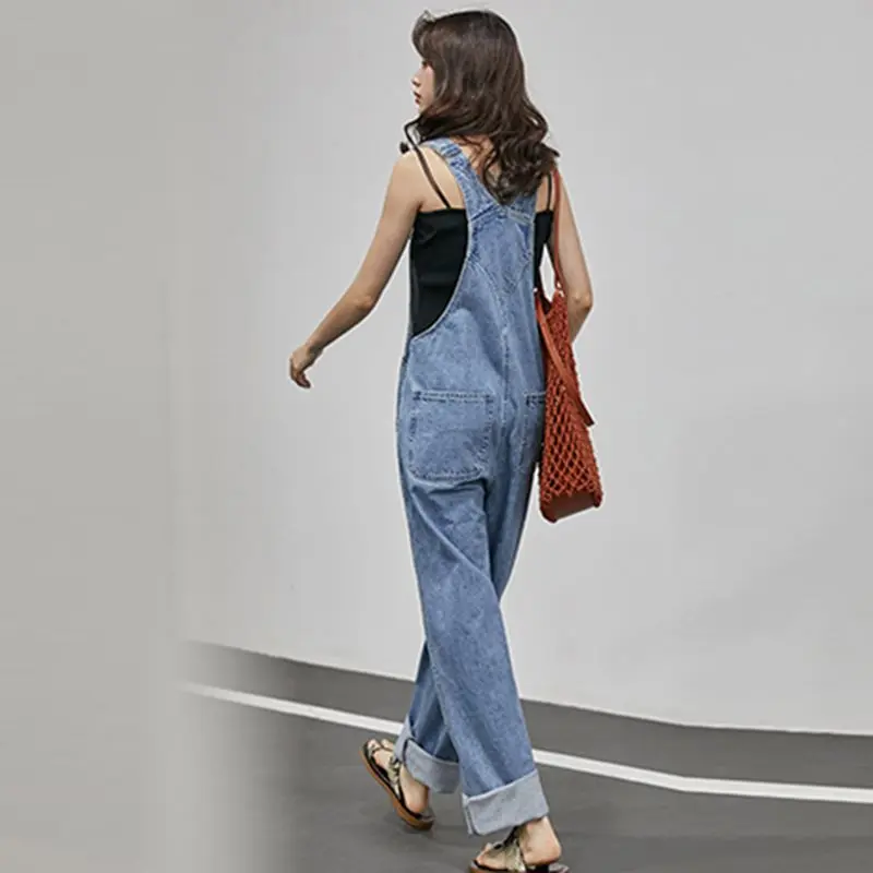 

Korean Japan style straight loose wide section denim overalls school Hip Hop Streetwear casual cute slim women wide leg pants