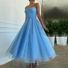 Платье для выпускного вечера, синее, со звездами, блестящее, длиной до середины икры, 2021