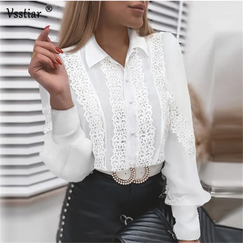 

Vsstiar Office Work Blouse Women Sexy Lace Patchwork Plus Size Casual Shirts 2021 New White Solid Elegant Party Ladies Tops
