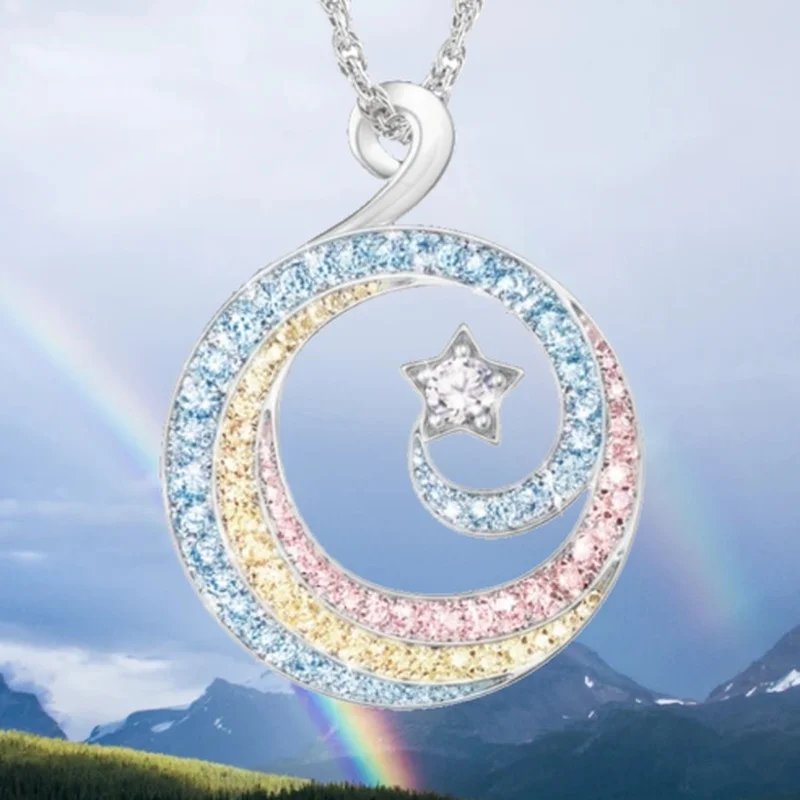 

New luxury fashion popular rainbow zircon hollow moon star necklace pendant women romantic elegance charm jewelry holiday gift