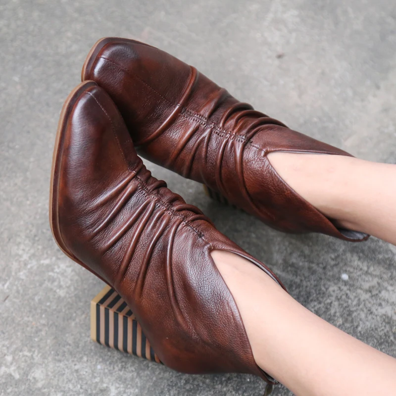 Женские ботильоны ручной работы из натуральной кожи плиссированные элегантные