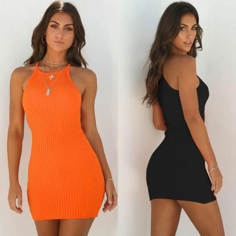 

Новое модное женское платье, сексуальное летнее облегающее мини-платье без рукавов, трикотажный обтягивающий сарафан оранжевого и черного ...