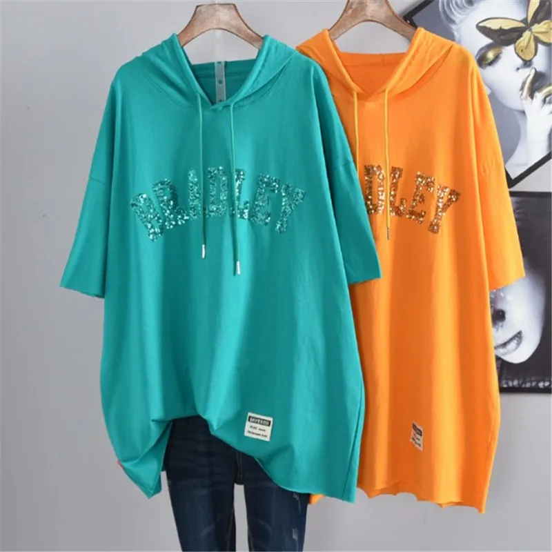 Женская летняя одежда толстовки с капюшоном коротким рукавом 5XL свободные