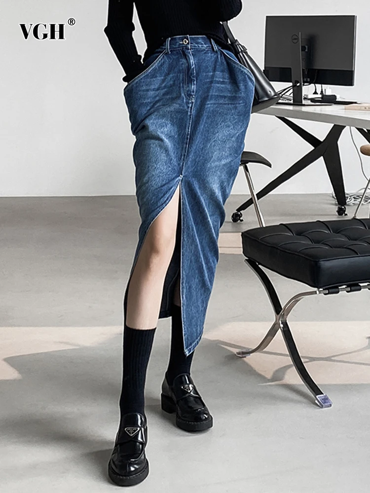 

Женская джинсовая юбка с карманами VGH, облегающая юбка средней длины с высокой талией, с разрезом, в стиле пэчворк, весна 2022