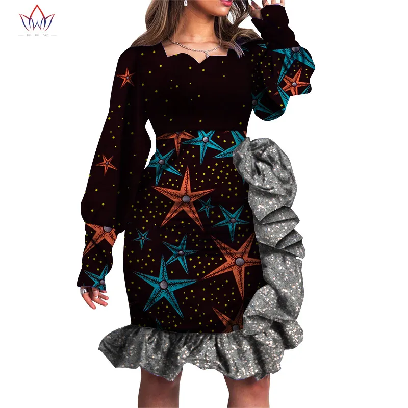 

2021 Ankara Summer robe Sequins African Dashiki Dresses For Women Print female Africa Clothing Knee Length Ladies Clothes WY8886