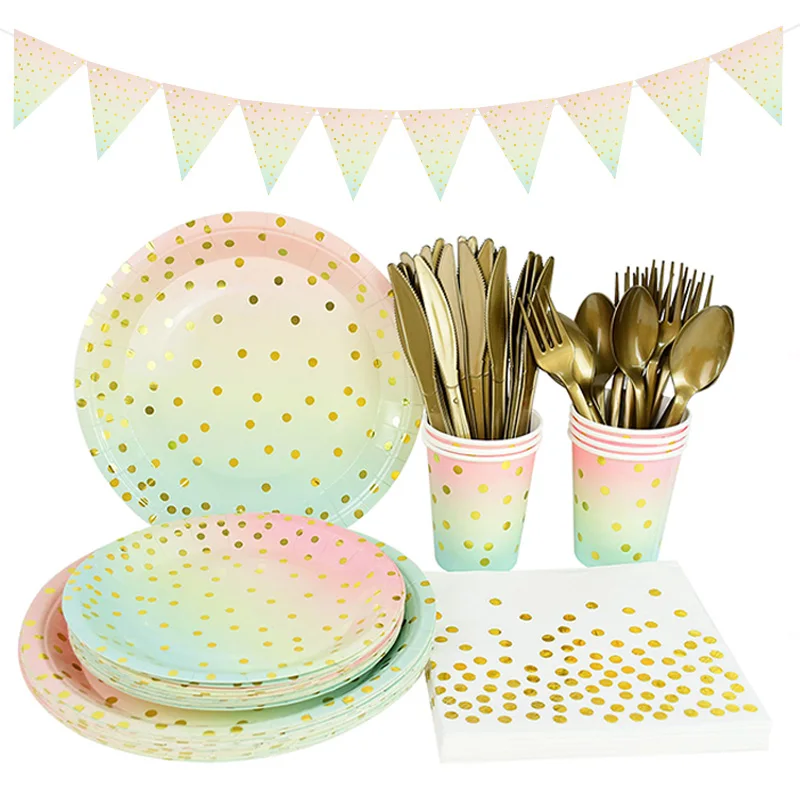 

Rainbow Color Party Disposable Tableware Paper Cup Plate Napkins Birthday Party Decorations Wedding Supplies Baby Shower Favors