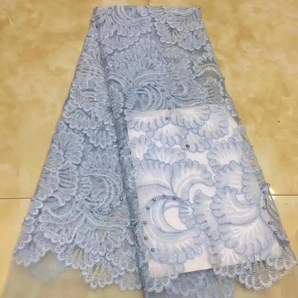 Дешевые Бисерные стильные небесно голубые Французские тюлевые кружевные ткани