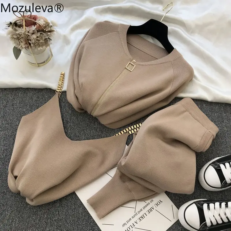 Mozuleva женские 2020 осень зима вязаный жилет на молнии кардиганы брюки комплекты из 3