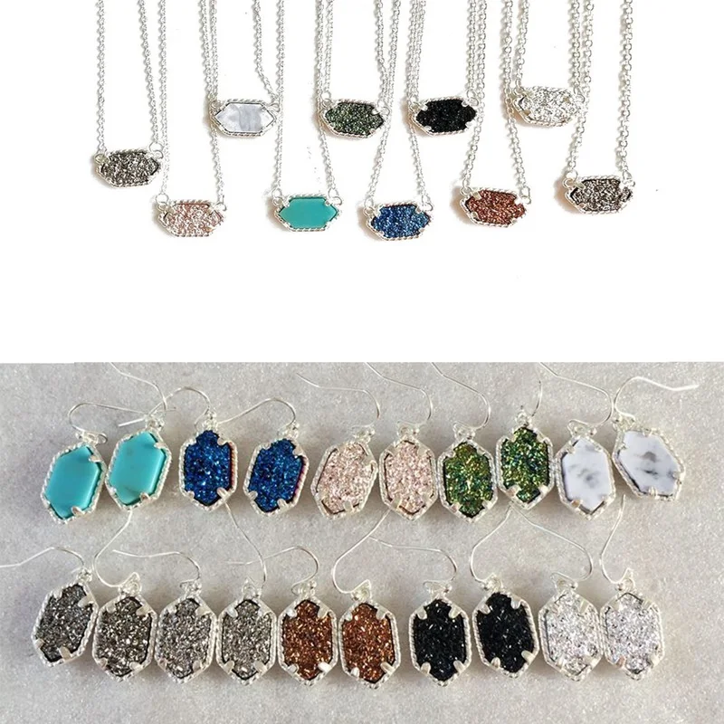 Маленький Druzy Drusy ожерелье серьги ювелирный набор с шестигранным воротником