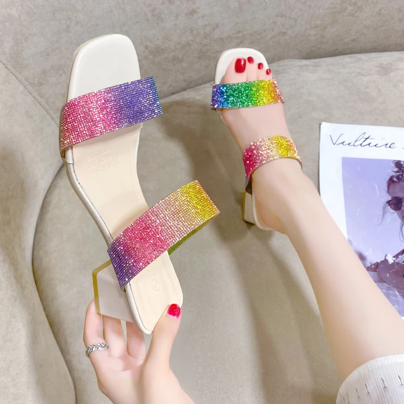 

Women's Summer New High-heeled Slippers Shiny Sequined Square Heel PU Casual Shoes Comfortable Outdoor Open-toed Sexy Slippers