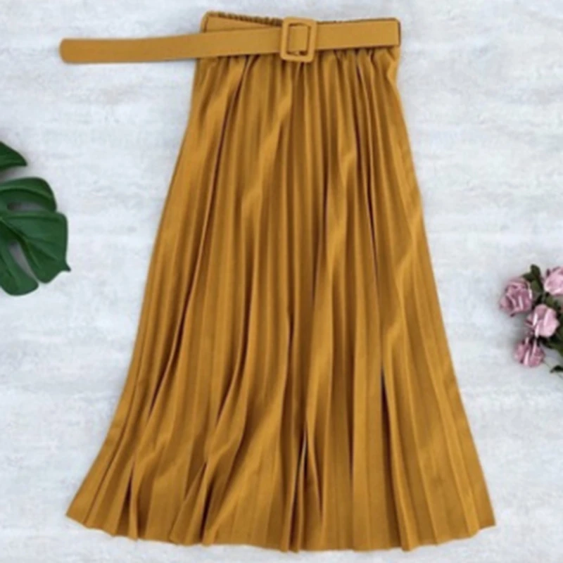 

High Waist Women Skirt Casual Vintage Solid Belted Pleated Midi Skirts Lady 4 Colors Fashion Simple Saia Mujer Faldas