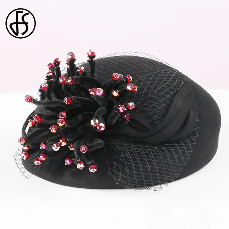 Женский шерстяной фетровый берет FS шляпка-федора винного цвета с вуалью для