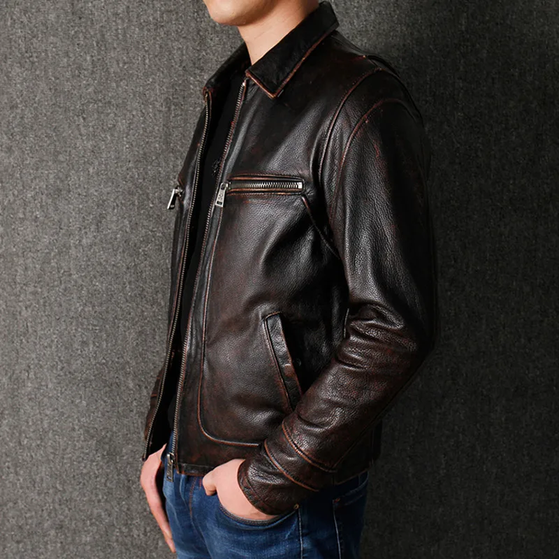 Мужская винтажная ветровка из натуральной кожи мотоциклетная куртка в стиле