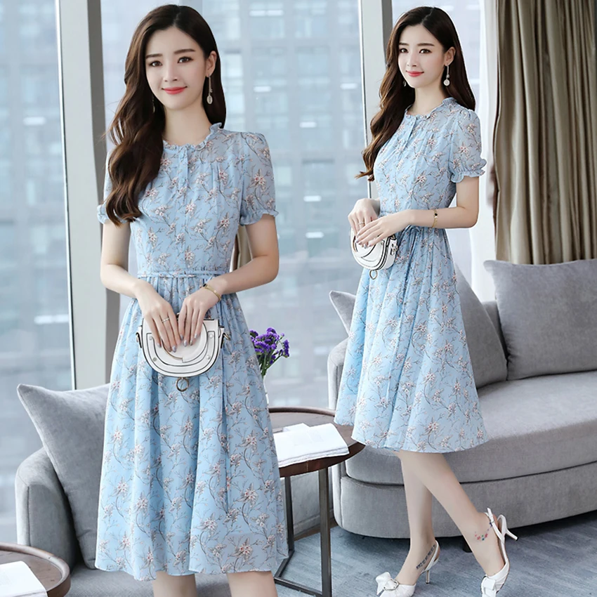 Летнее женское повседневное пригородное синее цветочное длинное платье