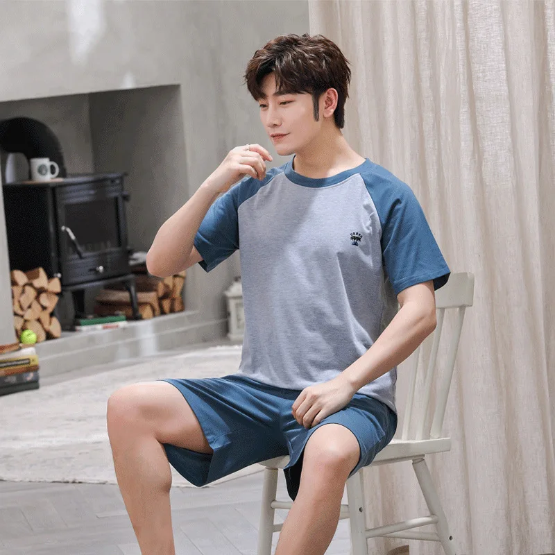 L-3xl Mens Pajama Sets Summer Male Sleepwear Suits T Shirt+Pants 2pcs Short Sleeve O-Neck Patchwork Home Wear Clothes Hy36