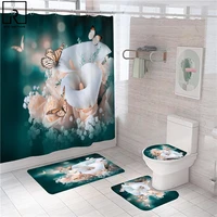 rose flower butterfly raindrop print shower curtain bathroom partition bath mat flannel toilet carpet washroom rugs home decor