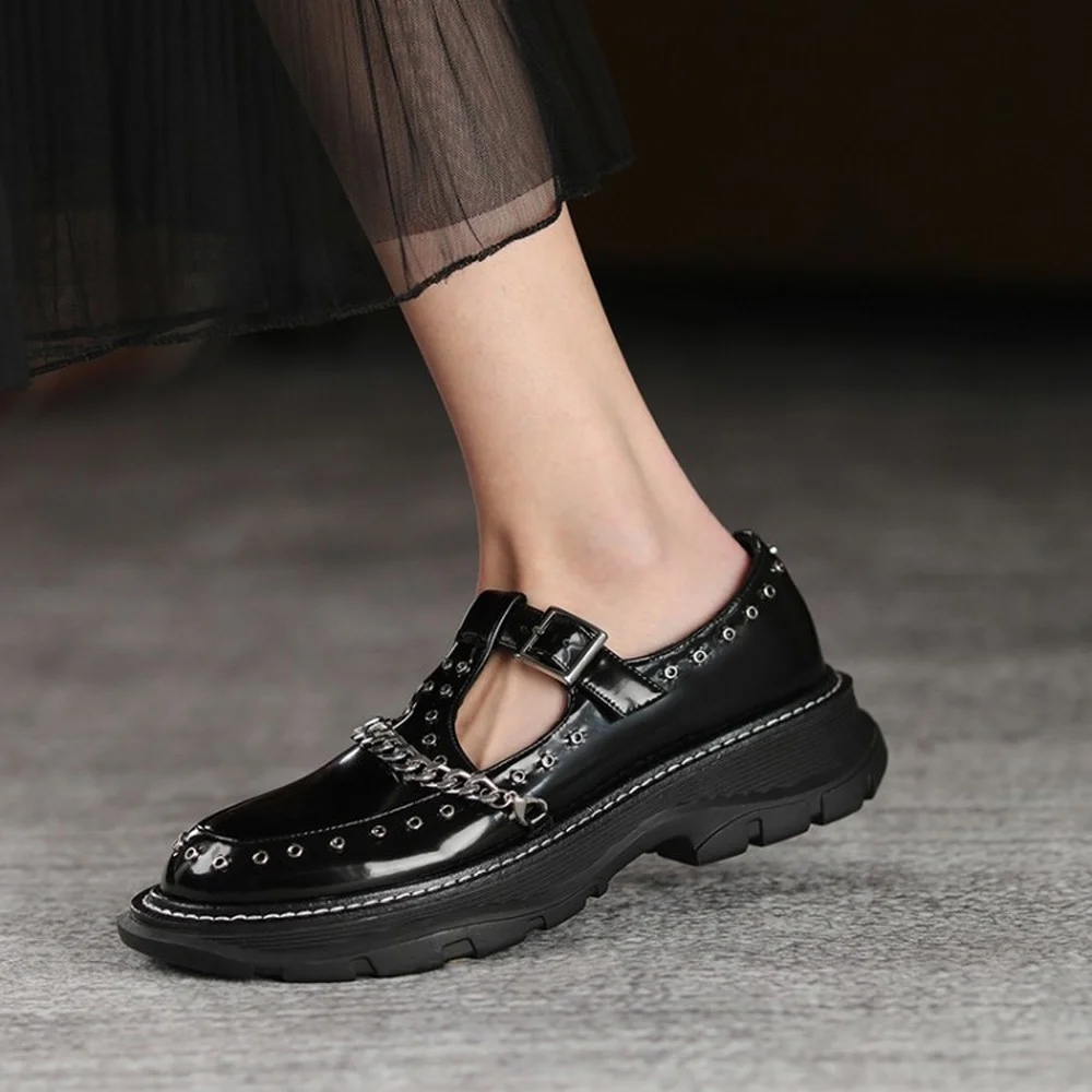 

Womens Lolita T-Strap Round Toe Platform Gothic Rivet Studs Punk Pumps Shoes Creepers Metal Chain Japanese Harajuku New 2021