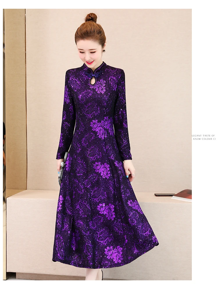 Осень Зима Новое поступление размера плюс M-3XL Ретро Cheongsam стоячий воротник жаккард длинный рукав женское длинное платье