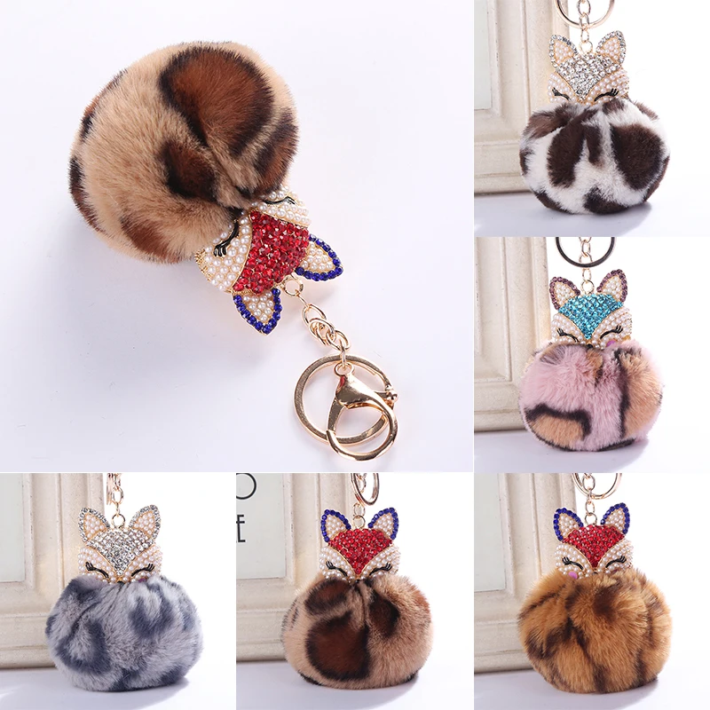 

Trinkets Suspension On Bags Car Key Chain Key ring Toy Gifts Llaveros Jewelry Pendant Charms Crystal Faux Fox Fur Keychain Women