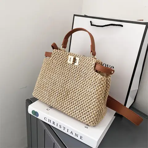 Плетеная квадратная сумка-тоут, Новинка лета 2021, Высококачественная соломенная сумка, женская дизайнерская сумка, Пляжная дорожная сумка, сумка-мессенджер на плечо