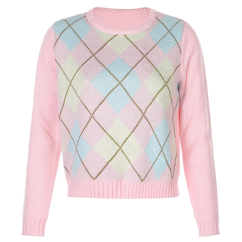 

Autumn Argyle Pink Casual Sweater Women Plaid Long Sleeve Knitted Jumpers Ladies Winter Fashion Pullover Knitwear