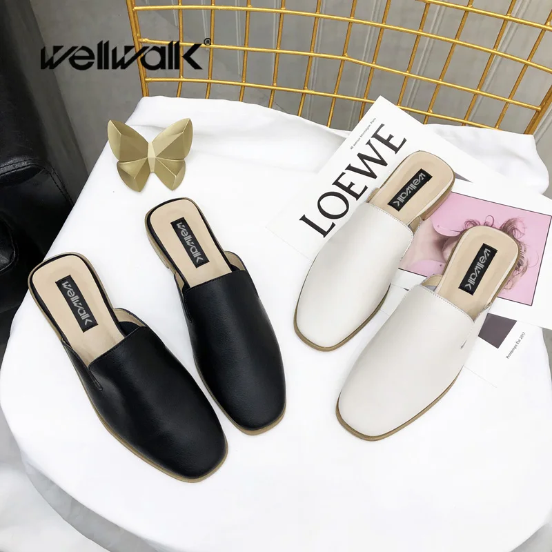 Genuine Leather Mule Shoes Women Flat Slippers Low Heels Slides Concise Style Ladies Casual Designer Shoe Woman Comfort Sliders | Обувь