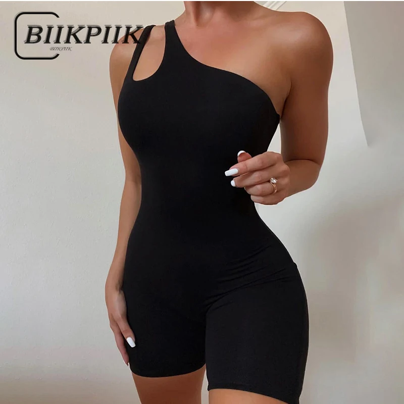 

BIIKPIIK на одно плечо Обтягивающие Комбинезоны женские повседневные обтягивающие байкерские шорты комбинезон Базовые Женские комбинезоны с ...