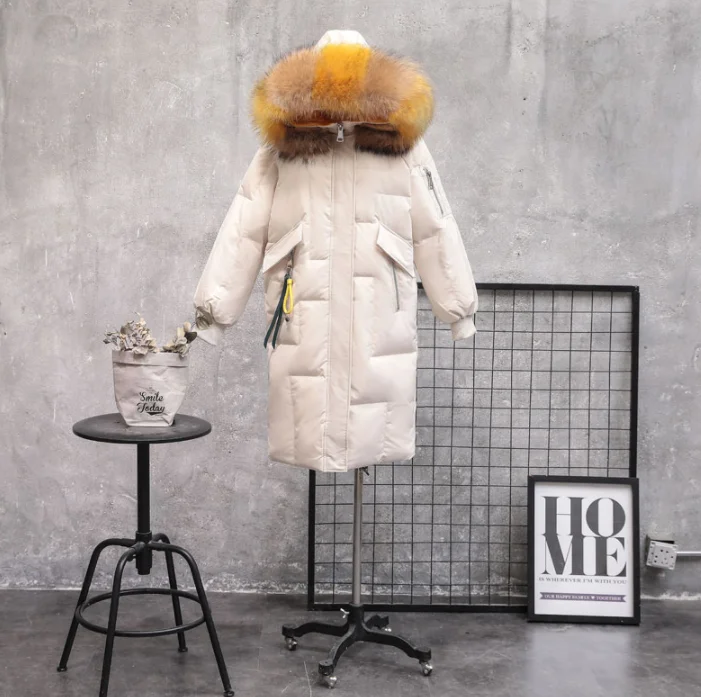 off white 1 Женский пуховик, зимняя теплая куртка на 90% белом утином пуху, длинное пальто с капюшоном и воротником из натурального меха, парка, женская зимняя верхняя одежда - Цвет: off white 1