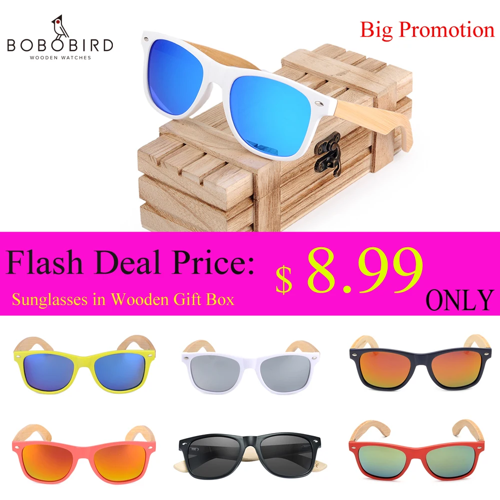 

Promotion BOBO BIRD Womens Mens Bamboo Wooden Sunglasses White Frame eyewear With Coating Mirrored UV 400 Lenses in Wooden Box