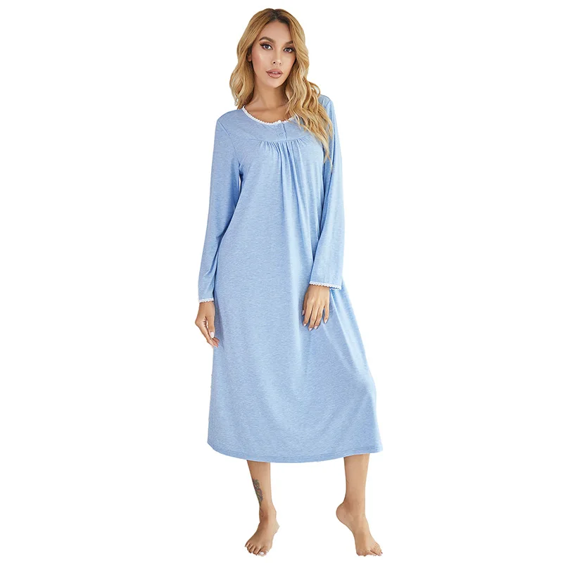 Spring New Women's Solid Color Long Sleeve Nightdress Lace Knitting Casual Home Wear Night Dress Women Sexy Nightgown Nightwear