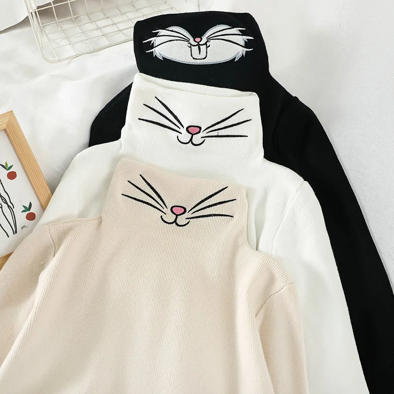 Gaganight Embroidery Cute Cat Girls Basic Sweater Women Long Sleeve Turtleneck Sweaters Female Sweet Pullover Autumn Winter Chic | Женская