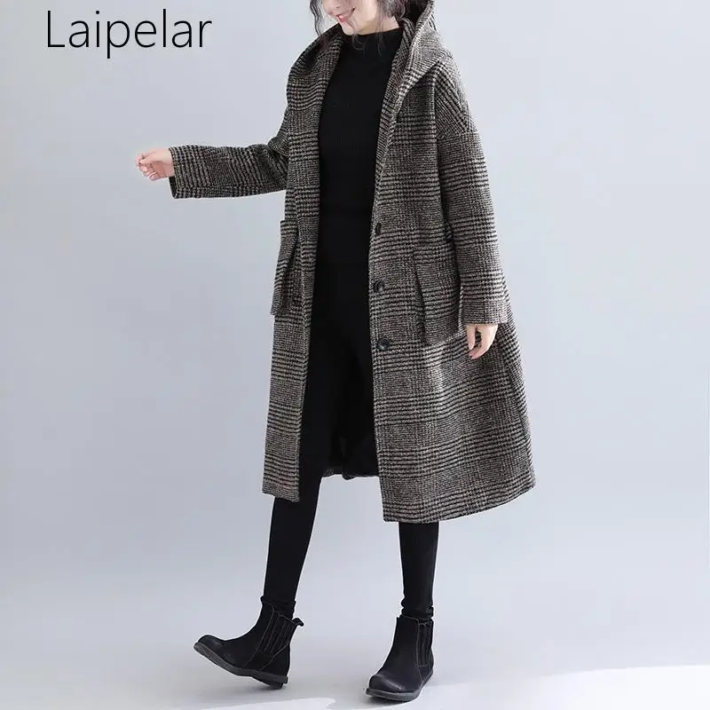 

Coat Female 2020 Autumn Fashion Women Brown Coat Long Style Pocket Woolen Coat Ladies Casual Plaid Loose Black Oversize Coat