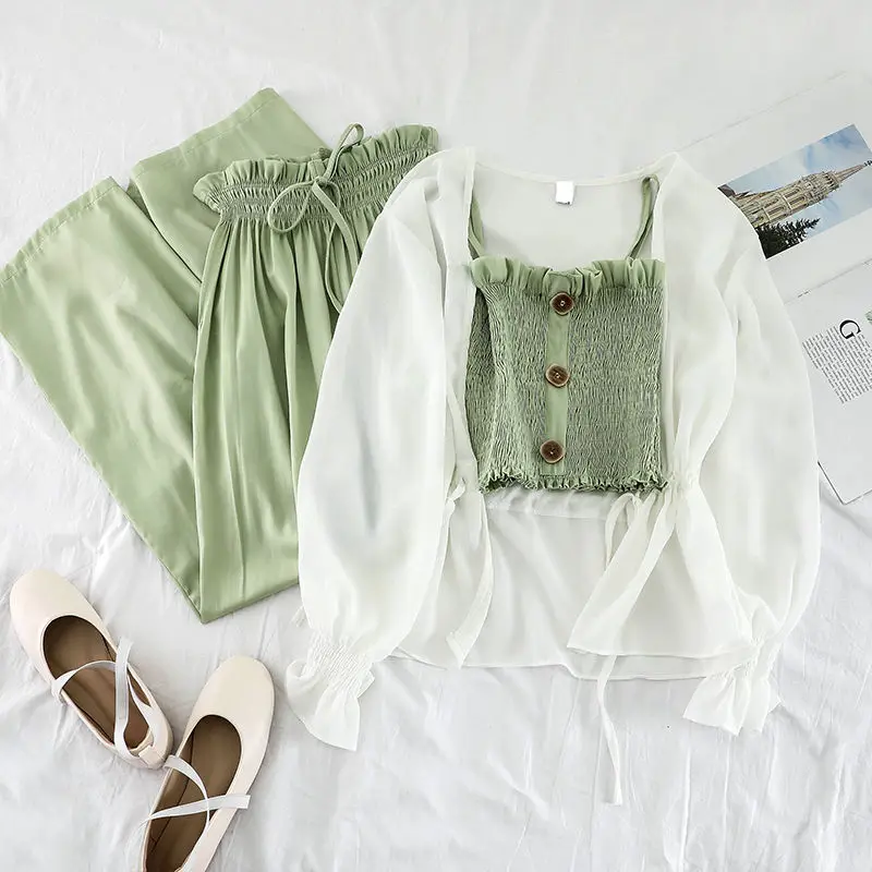 Комплект из 3 предметов женский летний белый кардиган с длинным рукавом пальто