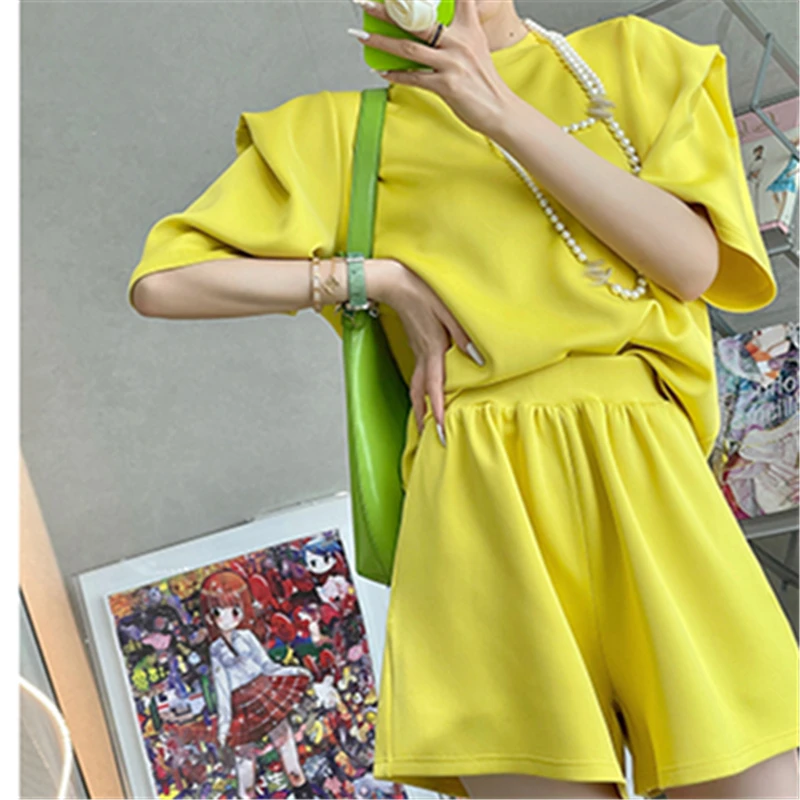 

Shorts Sets Women Summer 2021 Casual Suit Solid Round Collar T-shirts Fashion Elegant OL Office Lady Shorts Two Piece Sets