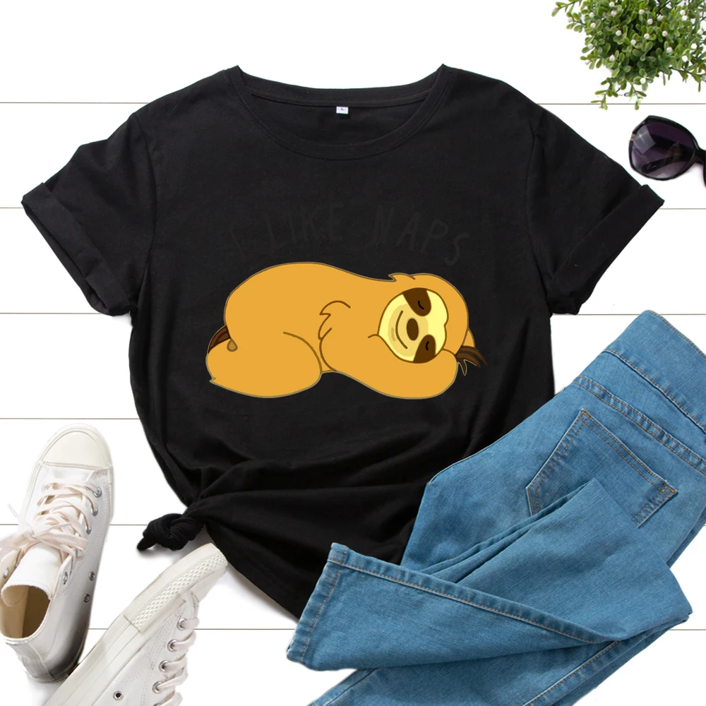 

Graphic Tee for Women Cotton Print T Shirts Short Sleeve Crew Neck Summer Tops Female Clothes I Like Naps Cute Sloth Animal Top