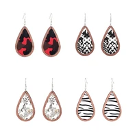 pu leather snakeskin zebra stripe print wood teardrop bezel earrings for women camouflage wooden earrings jewelry wholesale