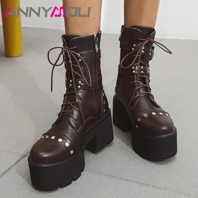 

Женские ботинки на молнии ANNYMOLI, ботинки до середины икры на платформе и высоком каблуке, ботинки на блочном каблуке с пряжкой и шнуровкой, Ос...