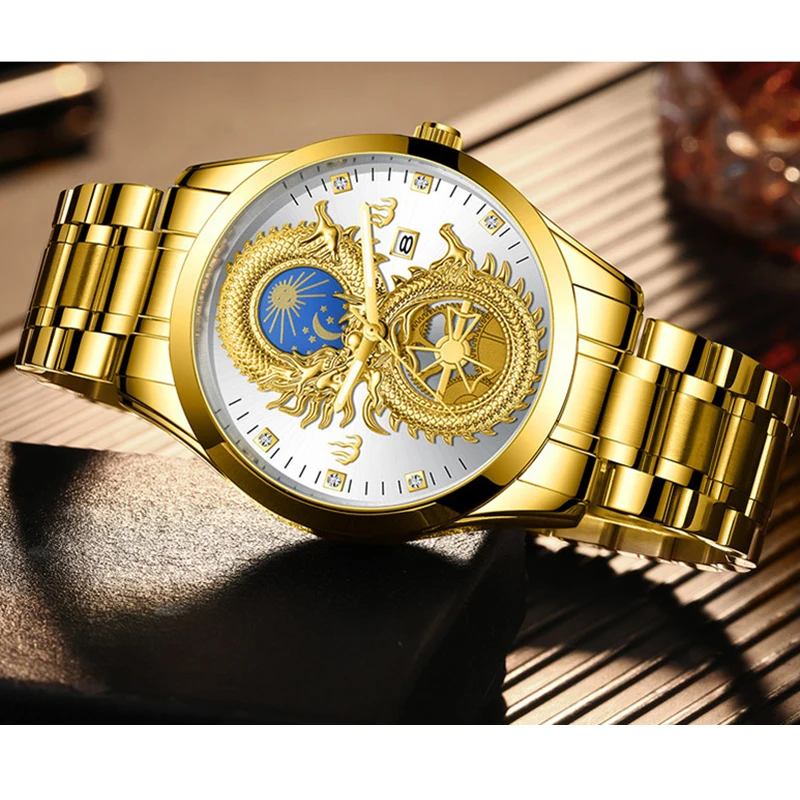 

Newly Dragon Phoenix Men's Luxury Business Watch Moon and Star Glow in the Dark Calendar Gold Plated Waterproof m99