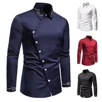 2021 new hollow european size men trend embroidered asymmetrical long sleeve western denim shirt slim fit social shirt