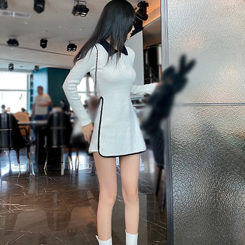 

Women's Lapel Color Contrast Sexy Slim Casual Long Sleeve Dress