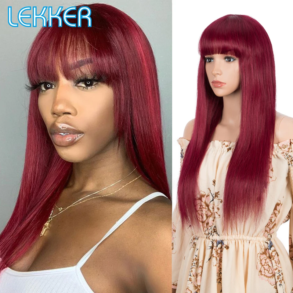 

Lekker Red Long Straight Human Hair Wigs with Bangs Brazilian Remy Hair Burgundy Bob Cut Wig For Women Full Machine Made Wigs