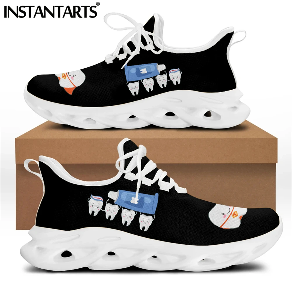 

INSTANTARTS Cute Tooth With ToothBrush Cartoon Pattern Femme Flat Shoes Breathable Mesh Platform Sneakers Light Outdoor Loafers