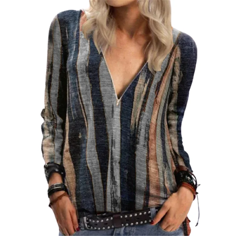 

4XL 5XL 2020 New Autumn Tops Plus Size Women Tie Dye Striped T Shirt Long Sleeve V-Neck Zipper Loose Casual Tee Top Streetwear