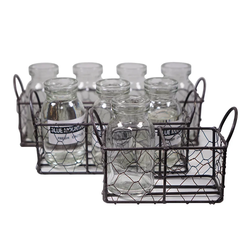 

Grid Basket Wrought Iron Bottle Juice Bottle Decoration Creative Flower Pot Holder Small Object Display Stand Indoor Pendant