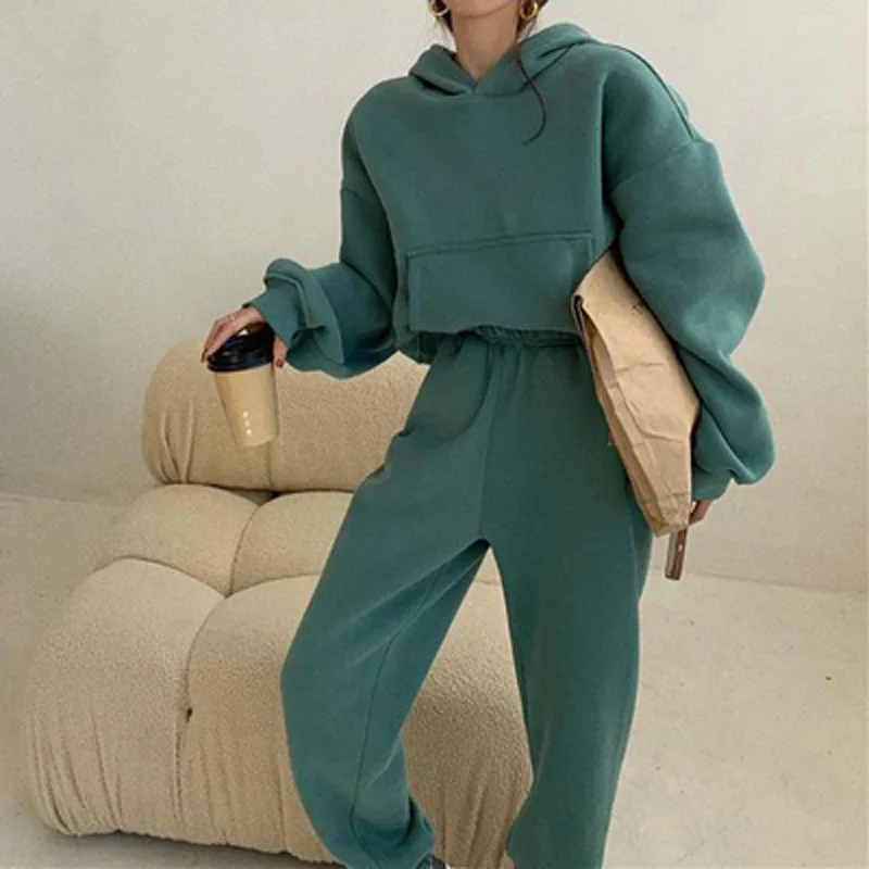 

Женский флисовый спортивный костюм, новый зимний модный свитшот с капюшоном и брюки с карманами, спортивный костюм, повседневные однотонны...
